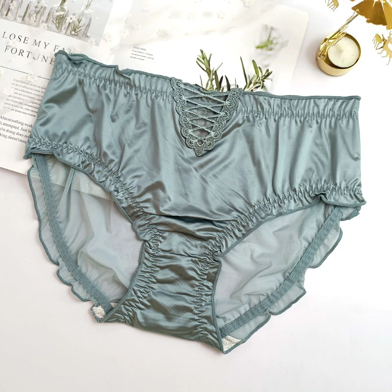 Satin Panties Large Size High Quality Sexy Lace Thin Transparent Mesh High Waist Panties Underwear Women Briefs Plus Size