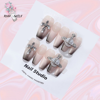 ROSA NAIL Nude French Press on Nails Handmade Cross Pearls Saturn Charm Hand Painted False Tip Crosses Rhinestone Pink Fake Tips