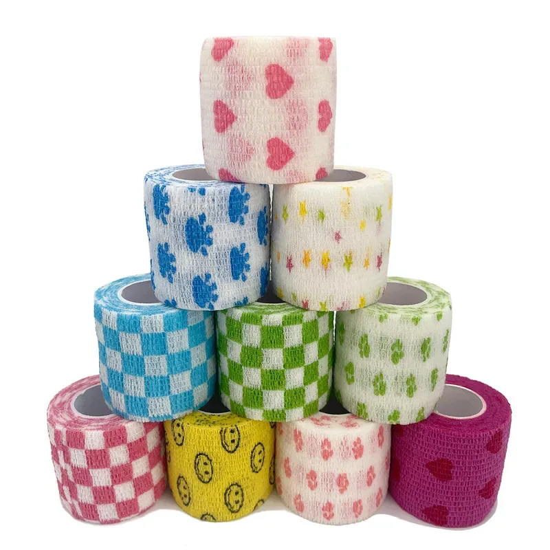 10 szt. drukowanych, samoprzylepnych, elastycznych bandażów o długości 4,8 metra, kolorowa taśma sportowa do palców, stawów i kolan dla zwierząt.