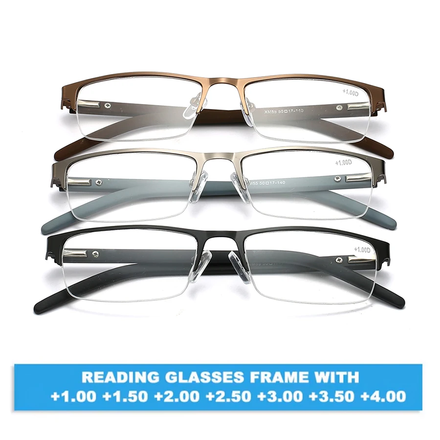 Metall-Lesebrille mit Halbrand und Federbügeln für Senioren Komfortable Freizeit-Bifokalbrille +100 bis +400 Dioptrien