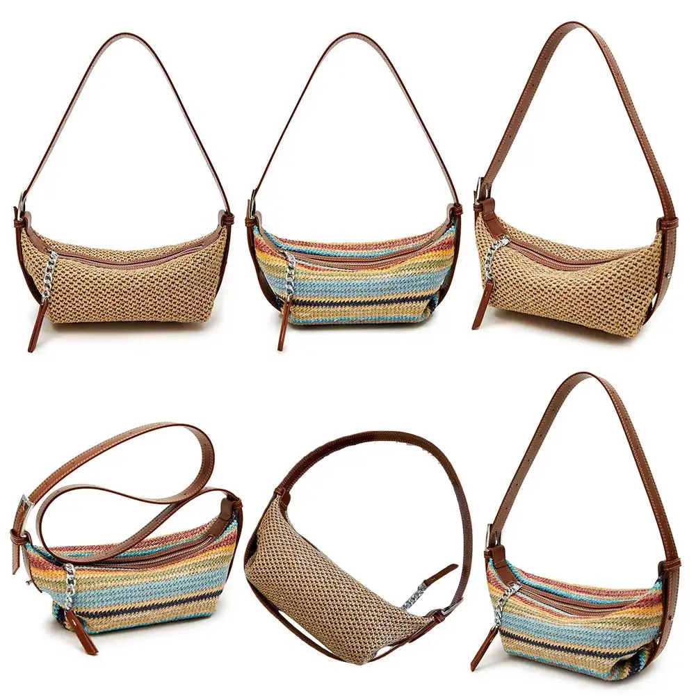 

Women Retro Straw Sling Bag Adjustable Strap Simple Straw Beach Bag Contrast Color Weaving Satchel Bag Ladies Summer Daily Bag