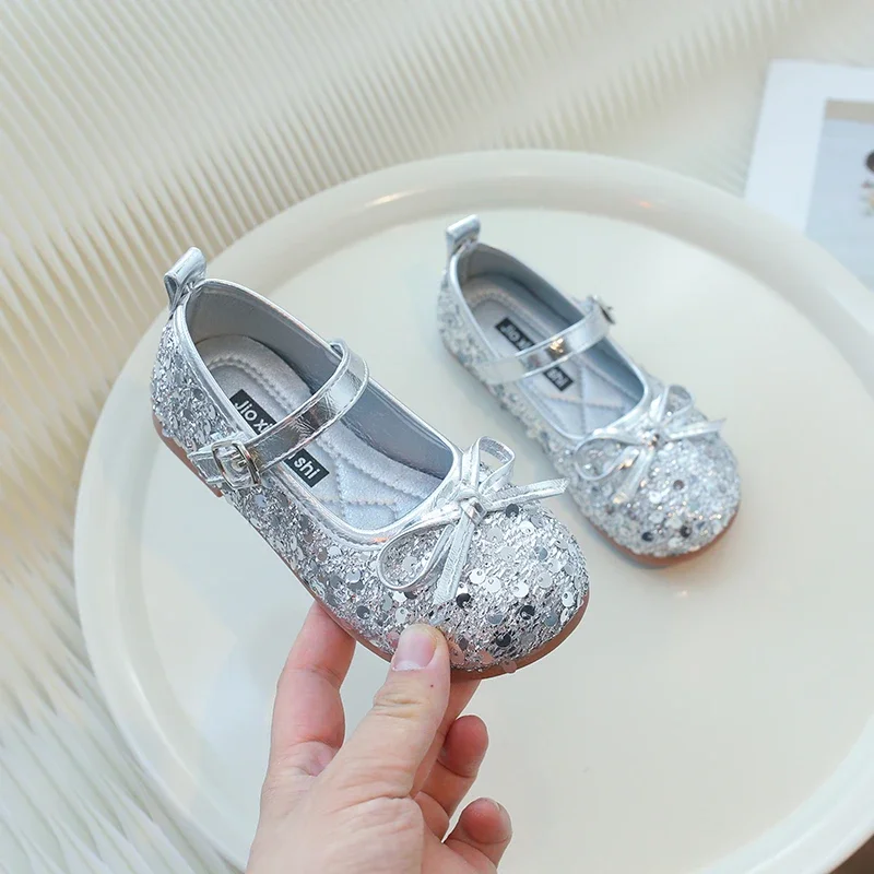 

Girls Sequins Princess Shoes Simple Fashion Kids Leather Shoe Glitter Versatile Children Causal Flat Shoes Round-toe Soft Bottom