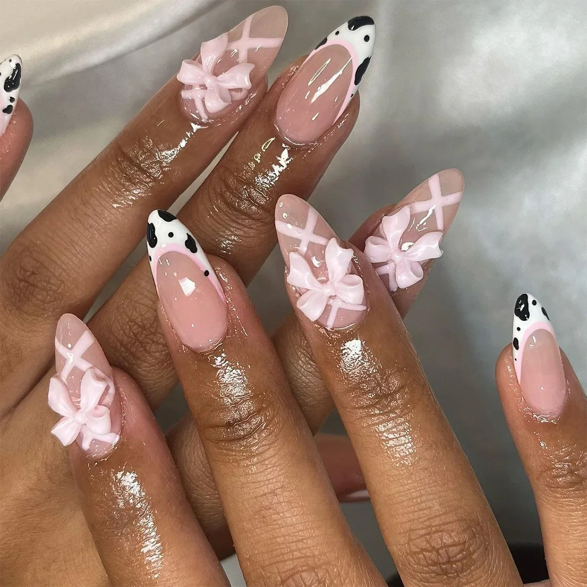 

24PCS Cow Print French Press on Nails with Glue 3D Pink Bowknot Sweet Almond Fake Nails for Women Acrylic Wearable Gel Nail Tips