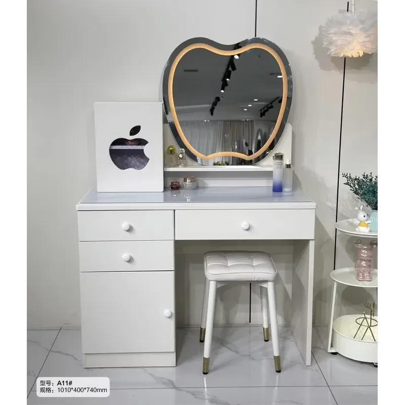 Walnut cream dresser with warm LED round mirror, two upper drawers, decorative handle, locker