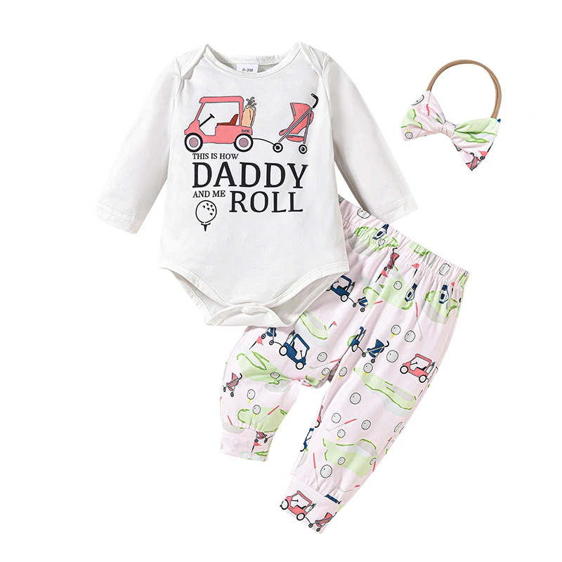 Newborn Baby Boy Girl Summer Outfit Long Sleeve Golf Print Bodysuit Top and Plants Pants 3pcs Clothes Set