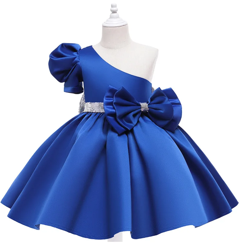 Girls' Asymmetrical  Bow Princess Dress Children Grand Banquet Party Shoulder Ball Gown Short Summer Dress Formal Costume