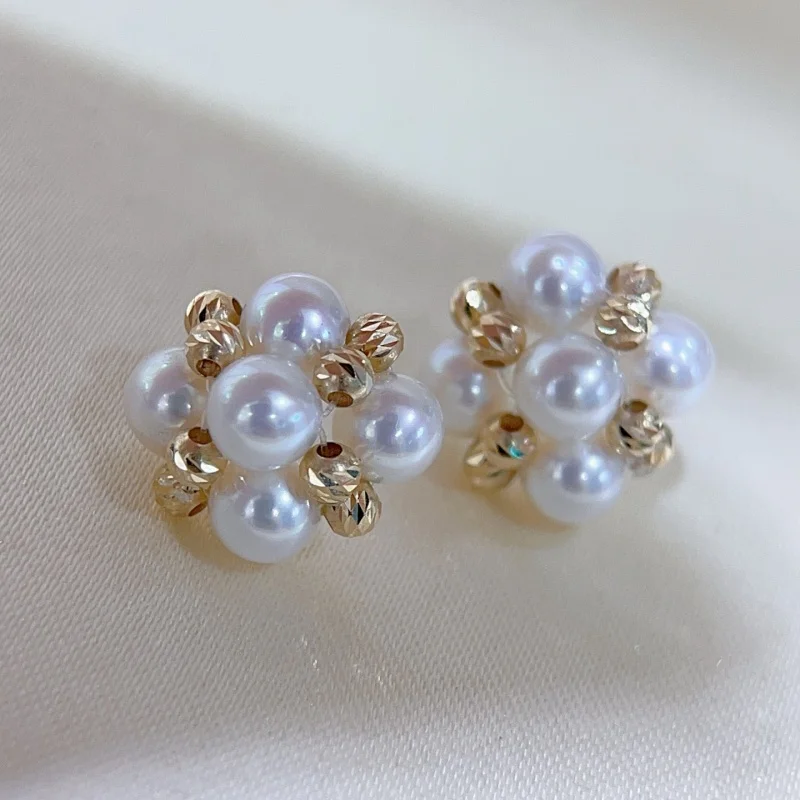 

SGARIT Akoya Pearl Jewelry Really 18K Gold Round ball Perfectly Round Natural Freshwater Pearls Earrings