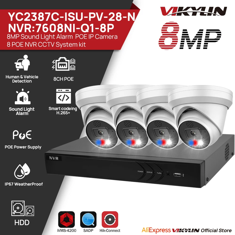 

VIKYLIN CCTV kit 8MP Full Color IP Camera Alarm Human Car Detection 8CH POE Video Recorder Home Video Surveillance System NVR