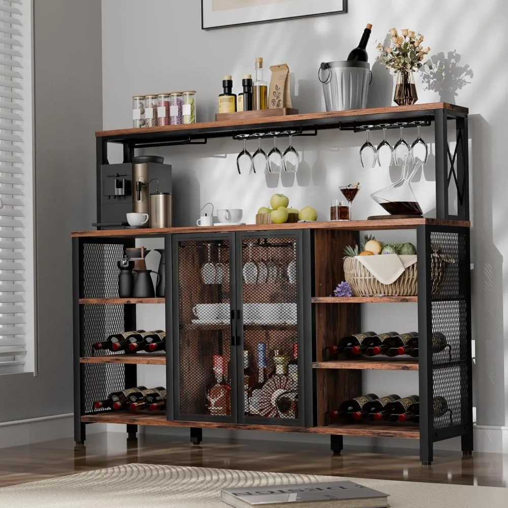 

Bar Cabinet with Wine Rack and Glass Holder, 55 Inches Kitchen Sideboard Buffet Cabinet, for Liquor and Glasses cup