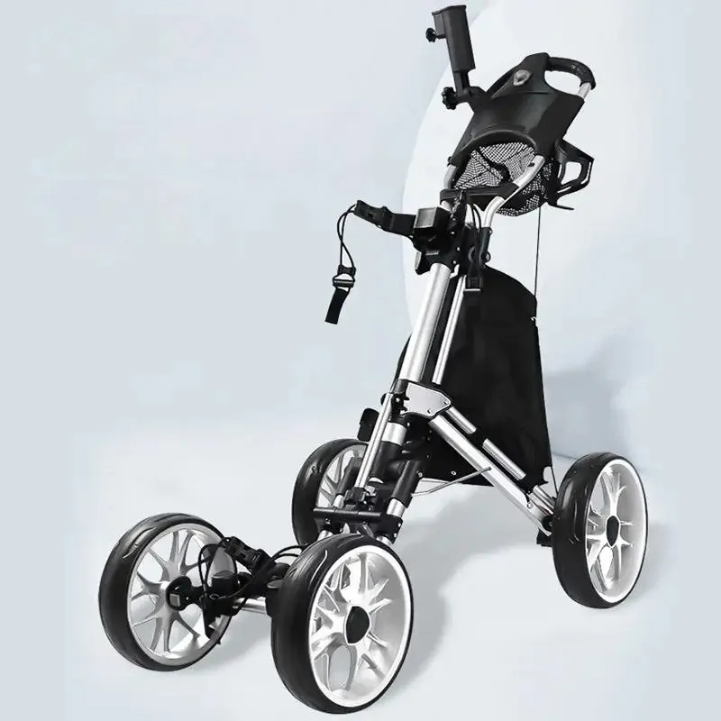 Factory Hot Selling Hot Selling 4-Wheel Aluminum Folding Golf Trolley with Height Adjustle Push Umbrella Holder Waterproof Golf