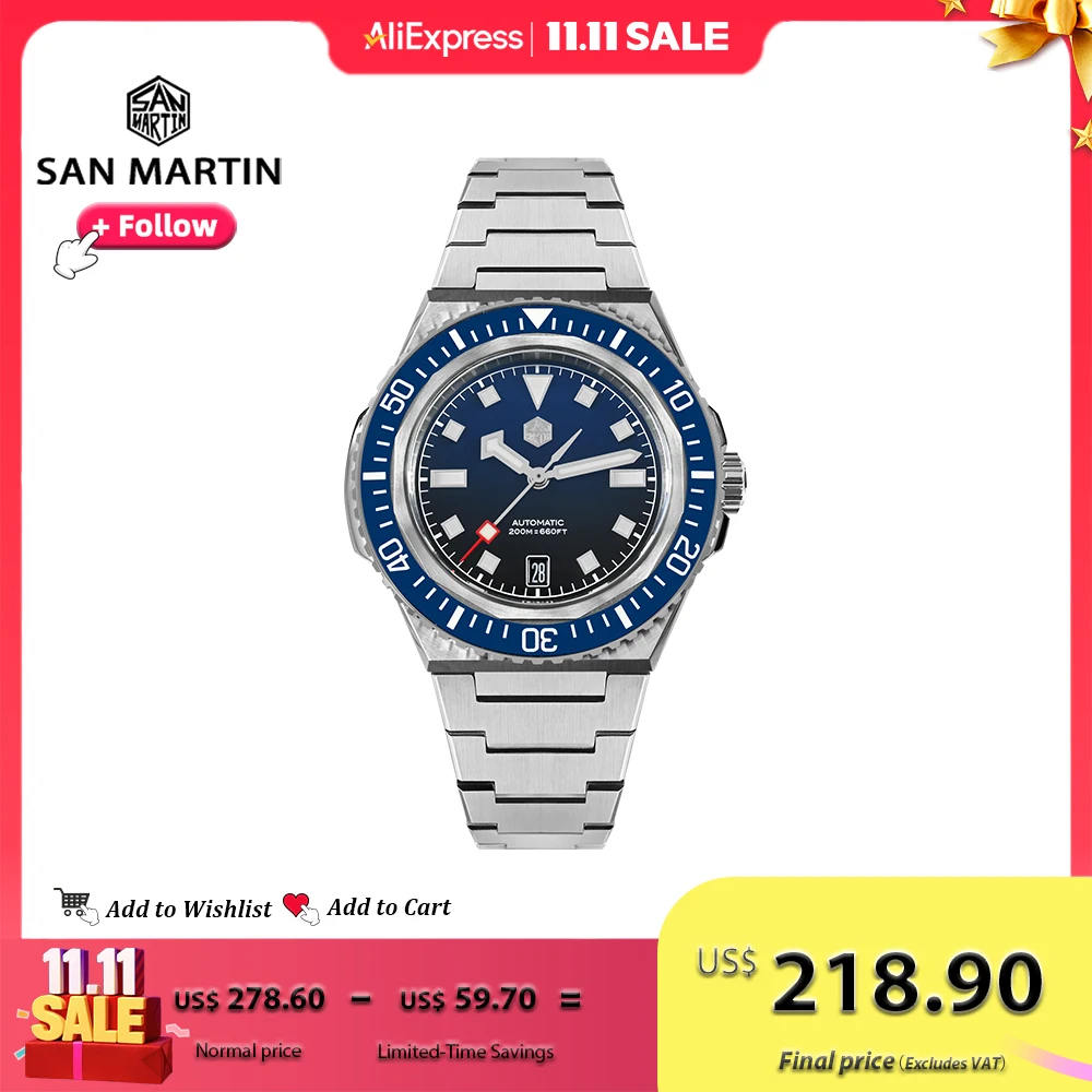 

San Martin 41mm Men Diver Watch NH35 Stainless Steel Automatic Mechanical Watches 20ATM Water Resistant BGW-X1 Luminous SN0146
