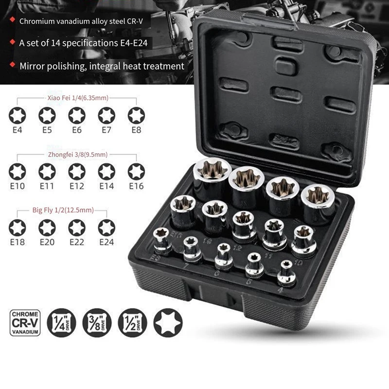 14 Pieces Of E-Type Sleeve Bolt Extractor Set Is Used For Damaged, Freeze And Rusted Lug Nuts And Screws Easy To Use