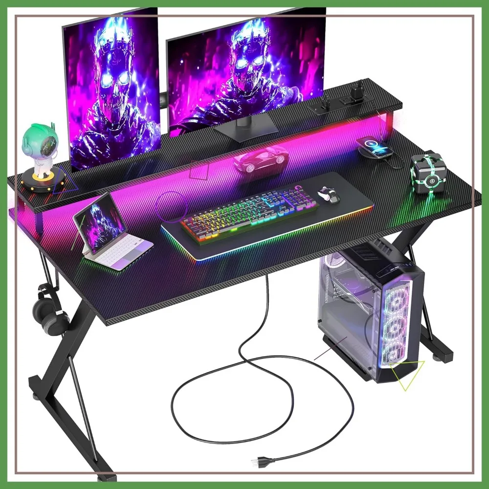 

40-дюймовый игровой стол со светодиодной подсветкой, розетками, эргономичной поверхностью из углеродного волокна, большой подставкой для монитора и крючком для наушников