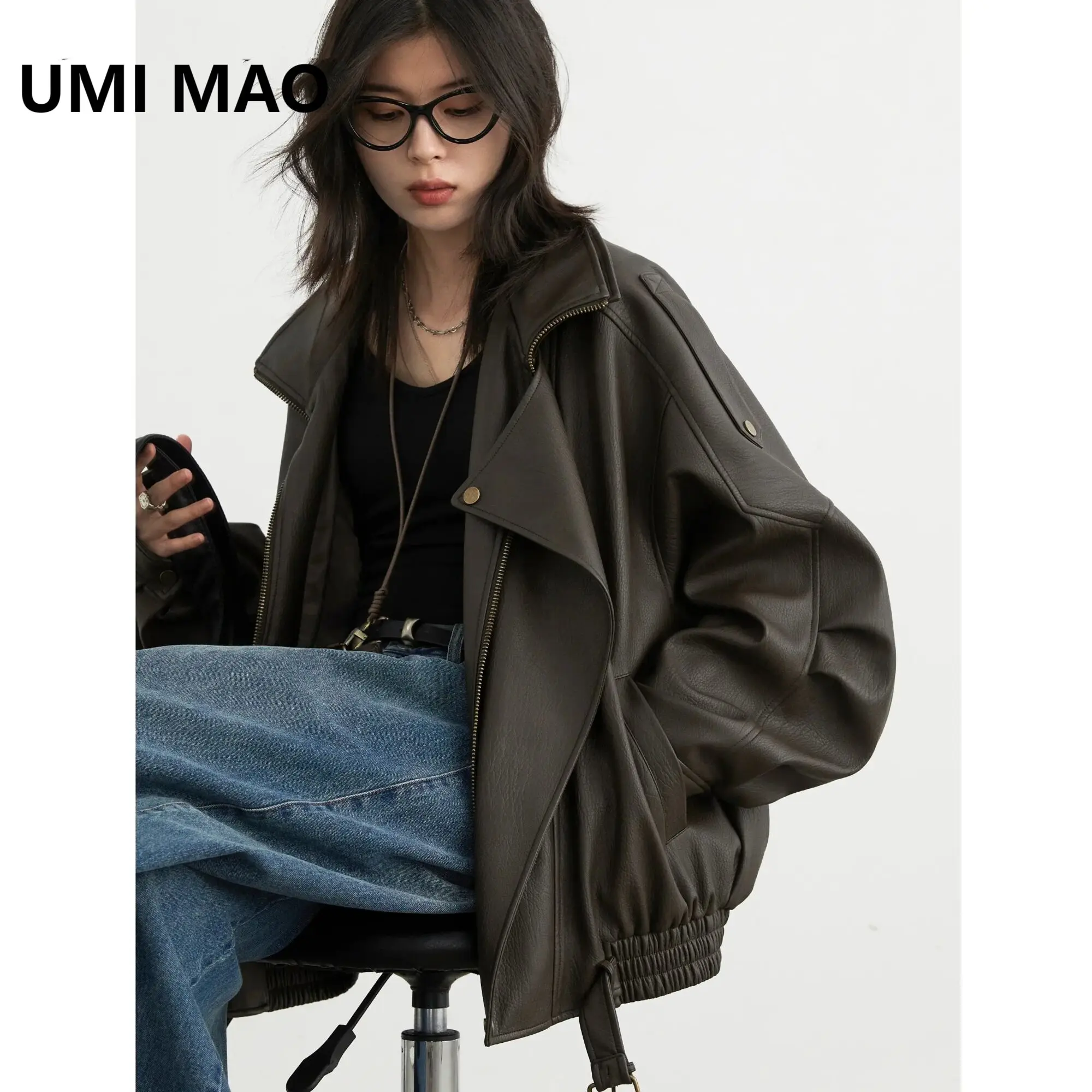 UMI MAO Female PU Jacket Solid Loose New Retro Standing Collar Motorcycle Faux Leather Coat Female Top Spring Autumn