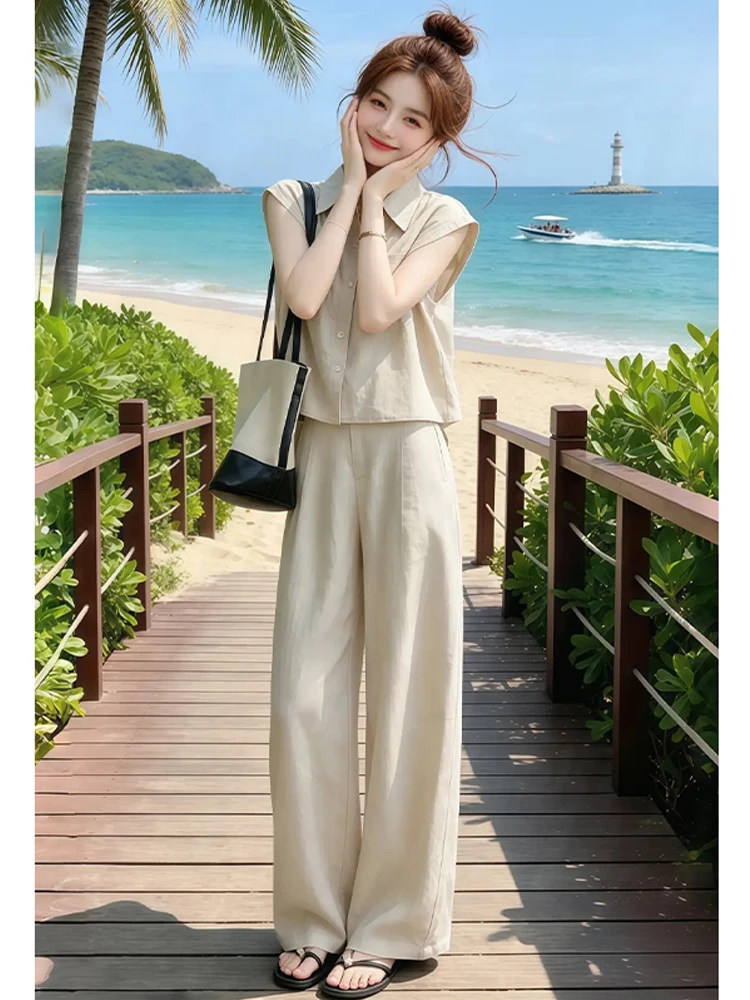 Fashionable Casual Summer Outfit Women's Button-Up Shirt And Wide Leg Pants Set Breathable Polyester Fiber High Waist Trousers