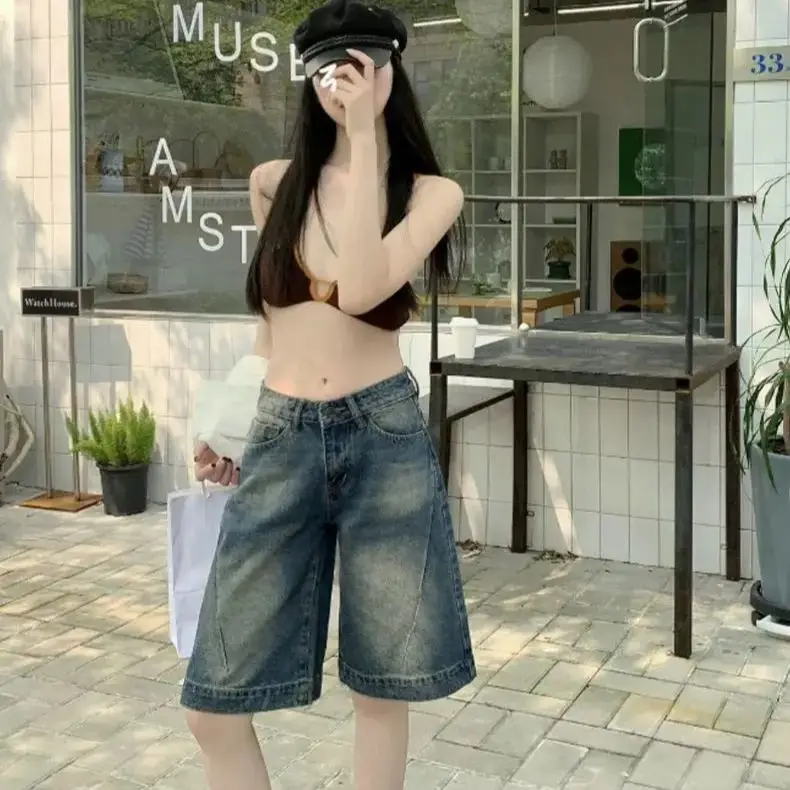 

Korean Retro Fashionable Jeans 2025 Summer New Women'S Clothing Niche Design High Waist Slim Straight Pants Five-Point Pants