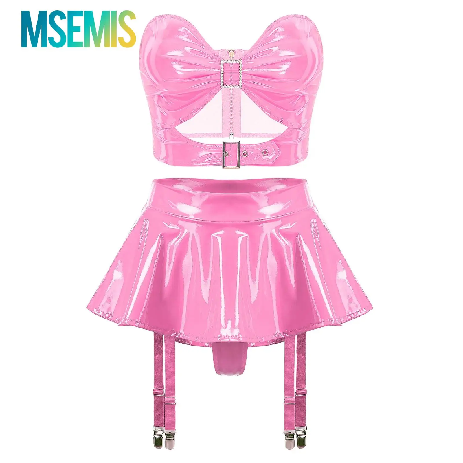 

Womens Metallic Patent Leather Lingerie Suit Bra Ruffle Skirt Built-in Thongs Garter Belts Metal Clips Miniskirt Underwear Set