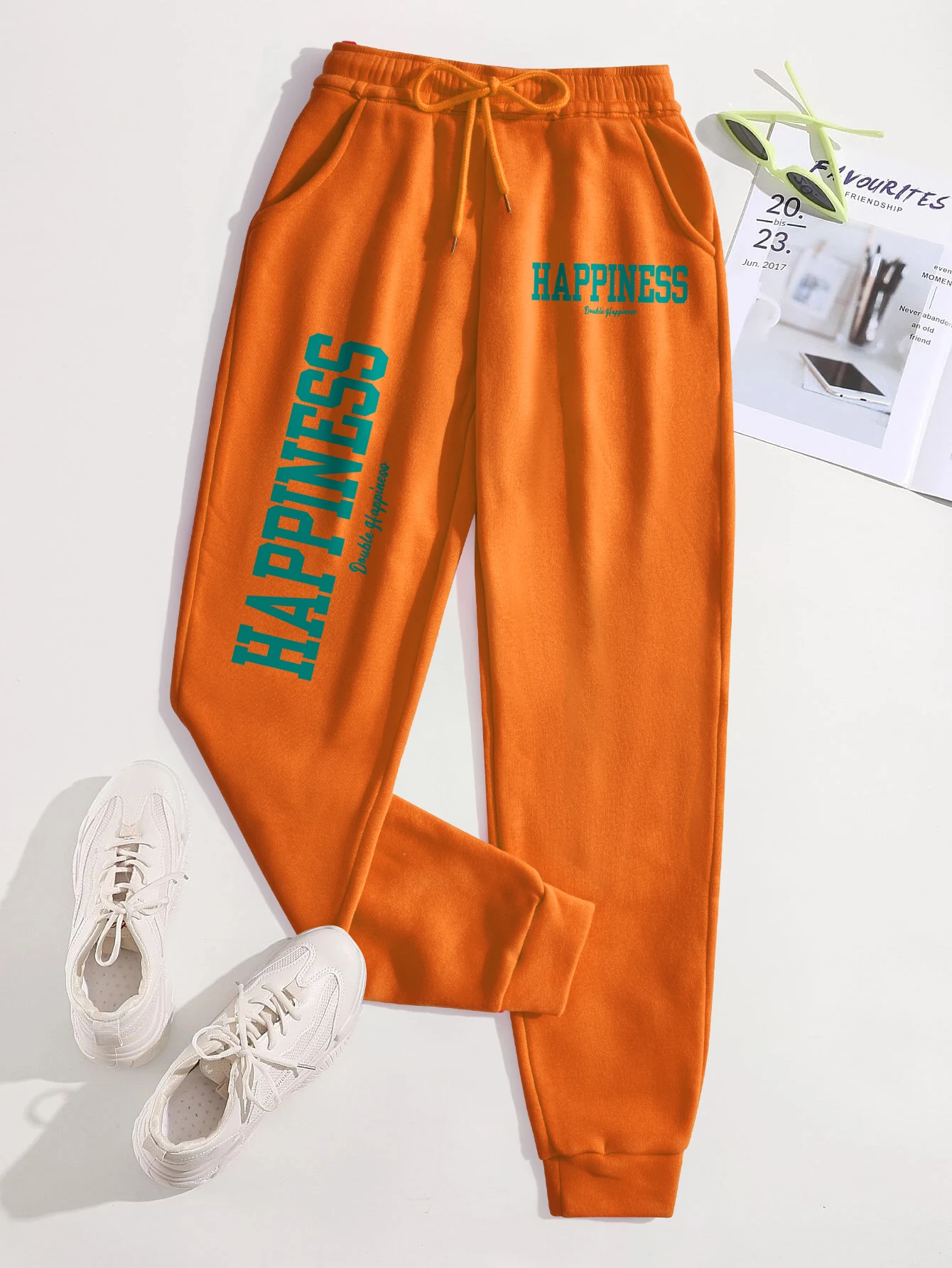 Happiness Letter Graphic Women'S Casual Basic Drawstring Pants Versatile Pocket Fashion Sweatpants Trendy Street Pant Female