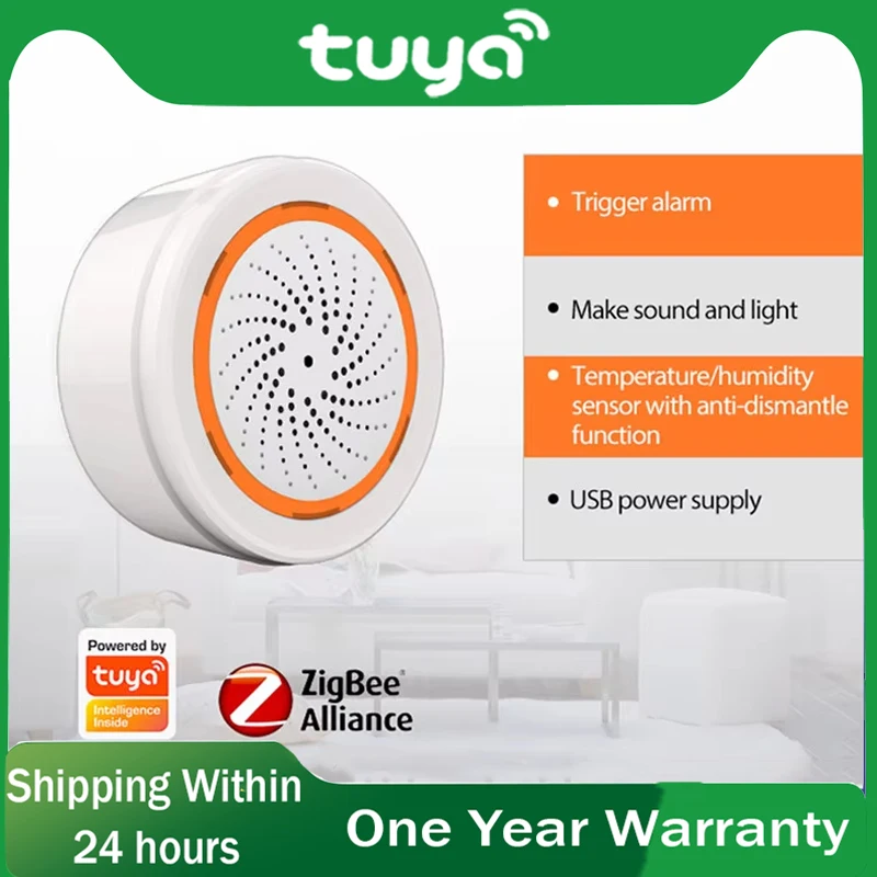 

Tuya Zigbee Smart Sound Light Сирена Сигнализация для домашней безопасности со стробоскопическими оповещениями Поддержка USB-кабеля Питание работает с TUYA Smart Hub
