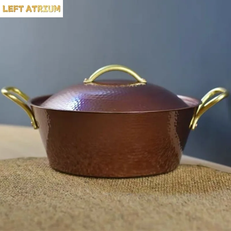 Handcrafted Vintage Copper Pot,Camping Thickened Pot With lid Cooking Utensil Simmering Pasta Stewing,24.5 cm Hammer Texture Pot