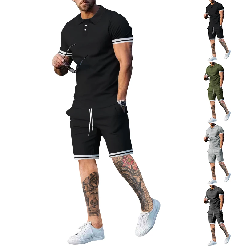 Independent station foreign trade men's summer lapel buckle short sleeve shorts sports leisure youth plus size suit