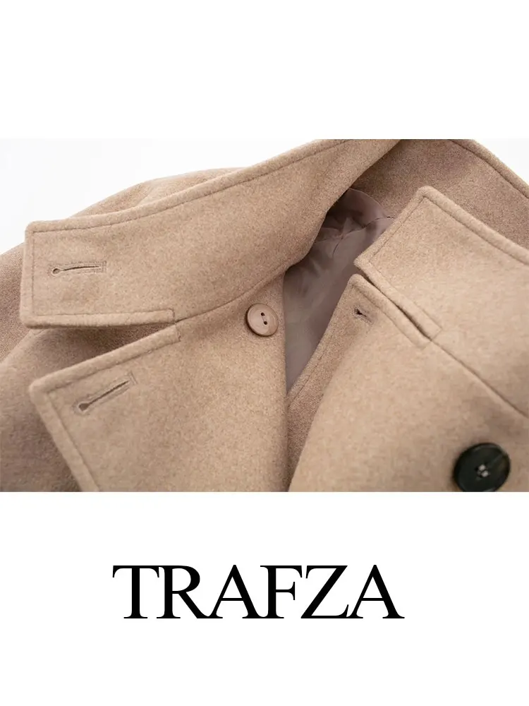 TRAFZA 여성용 더블 브레스트 짧은 모직 코트, 긴 소매 더블 브레스트 스탠드 칼라, 레트로 패션, 겨울