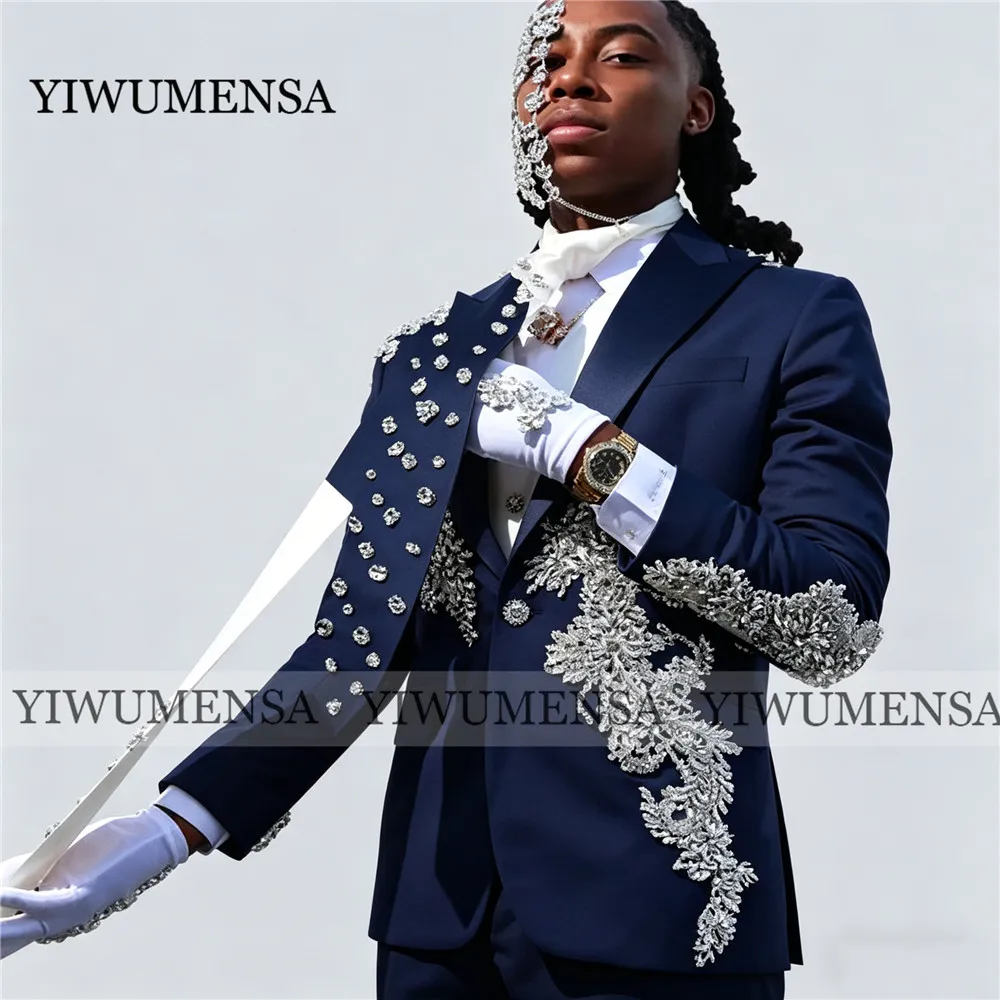 

2 Pieces Sets Men Suits Sparkly Rhinestone Stones Tuxedos for Wedding Groom Wear Custom Made Blazer Outfit costume homme luxe