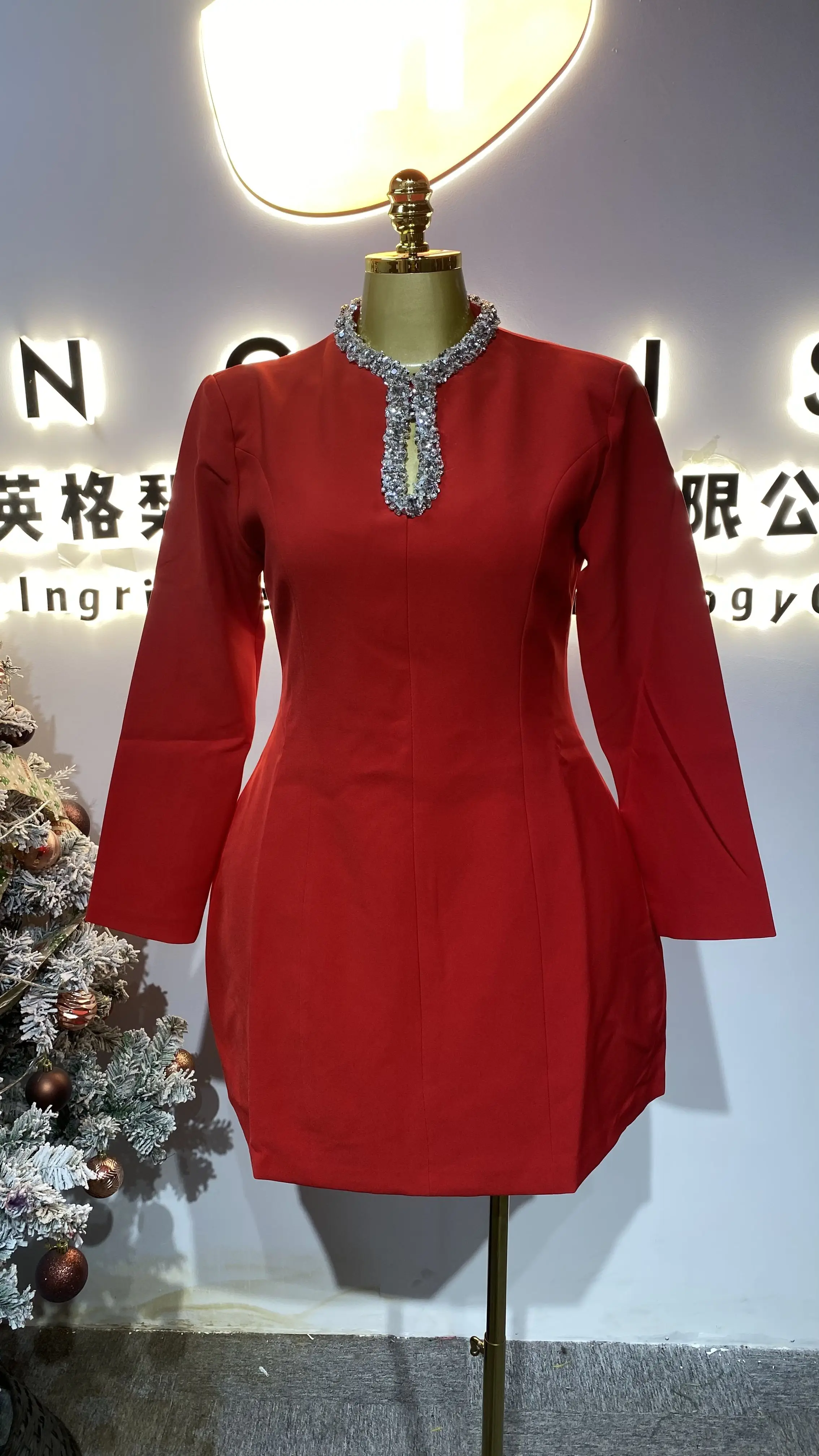 Mini dress, women's seasonal, slit, long sleeve, fashionable hollowed-out diamond pattern, slim fit evening gown-GZXX734