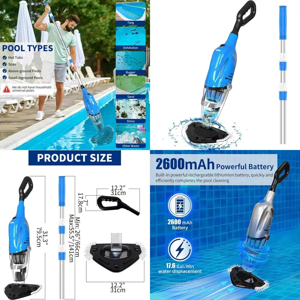 

Беспроводной перезаряжаемый ручной пылесос для бассейнов, для наземных и встраиваемых бассейнов, мощность всасывания 18,5 галлонов в минуту, время работы 80 минут
