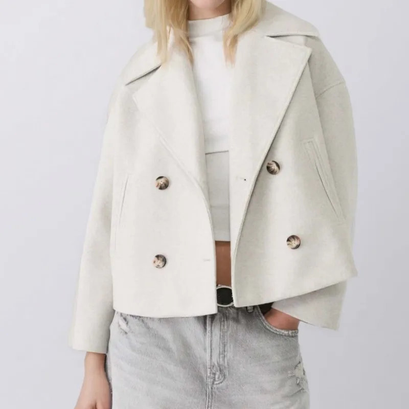 Elegant Lapel Double Breasted Pockets Long Sleeve Jacket Autumn Winter Women's Casual Fashion  Office Lady Solid Color Outerwear