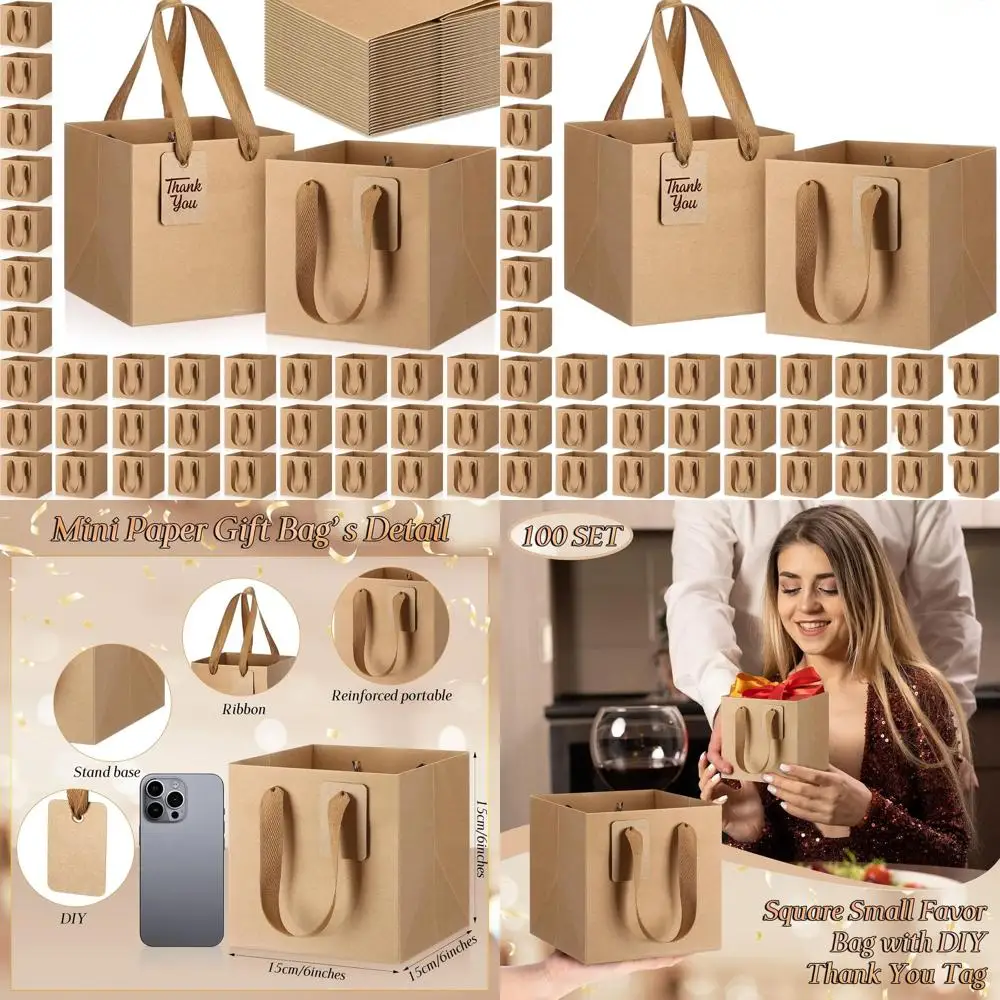 

Набор из 100 мини-пакетов из крафт-бумаги с ручками, 6x6x6, идеально подходит для бирок DIY, идеально подходит для Рождества, дней рождения, свадеб, вечеринок в честь новорожденных