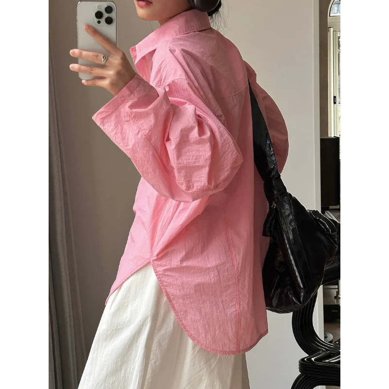 Summer Pink Shirts Loose Sunscreen Blouses Light Casual Simple Lapel Slim Breathable Tops Single-breasted Lantern Sleeve White