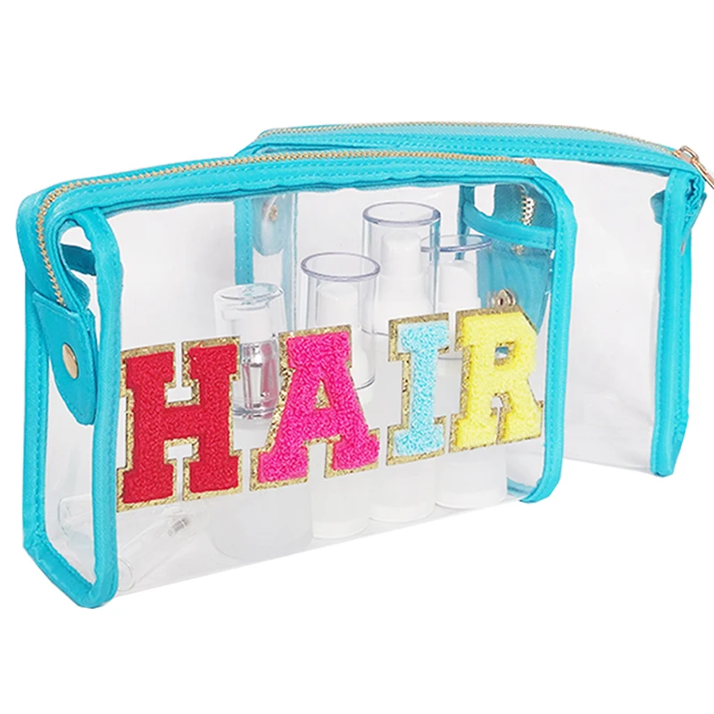 Clear Travel Make Up Cosmetic Bag  Pouches Available Transparent Letter Patches Color Waterproof Cosmetic Toiletry Bag Organizer