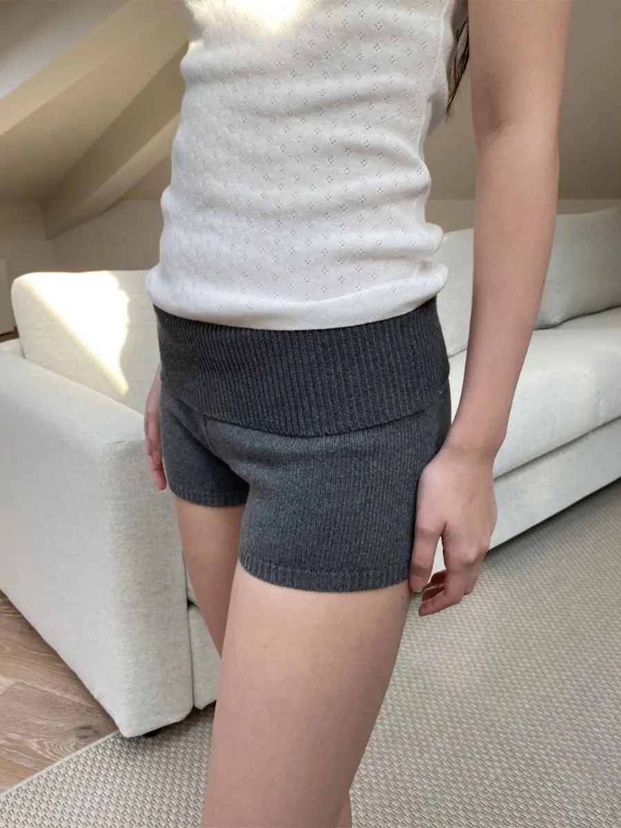 Solid Retro Flanging Knit Shorts Woman Spring Cotton Elastic Waist Straight Short Pants Sweet Home Underwear New Y2k Sweatshorts