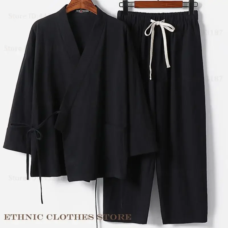 

Плюс размер 9XL, мужское кимоно, кардиган, брюки, комплект, костюм самурая, традиционная японская одежда, хлопково-льняной халат юката хаори