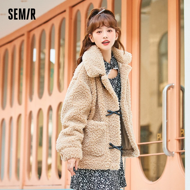 

Semir Coat Women Bow Imitation Lamb Wool 2021 New Winter Loose Sweet Velvet Feel Thickened Jacket