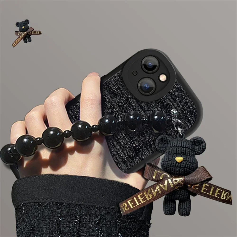 

Korean Cute Cartoon 3D Bear Wrist Chain Woolen Lattice Pendant decoration Case For iPhone 15promax iphone 13 14pro black Cover