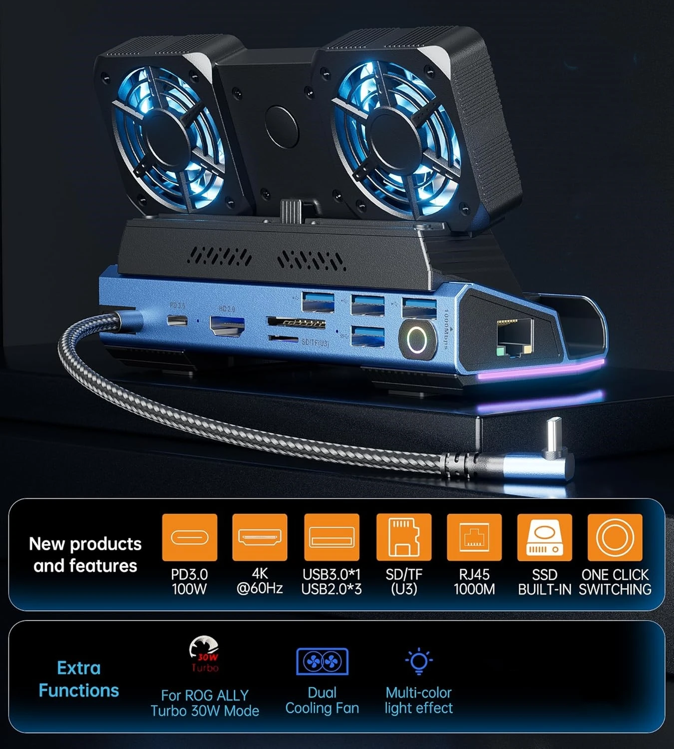 Lenovo Legion GO용 13 IN 1 도킹 스테이션, 듀얼 냉각 팬, M.2 NVMe 인클로저 Legion GO 도킹 스테이션(4K@60Hz, PD10…