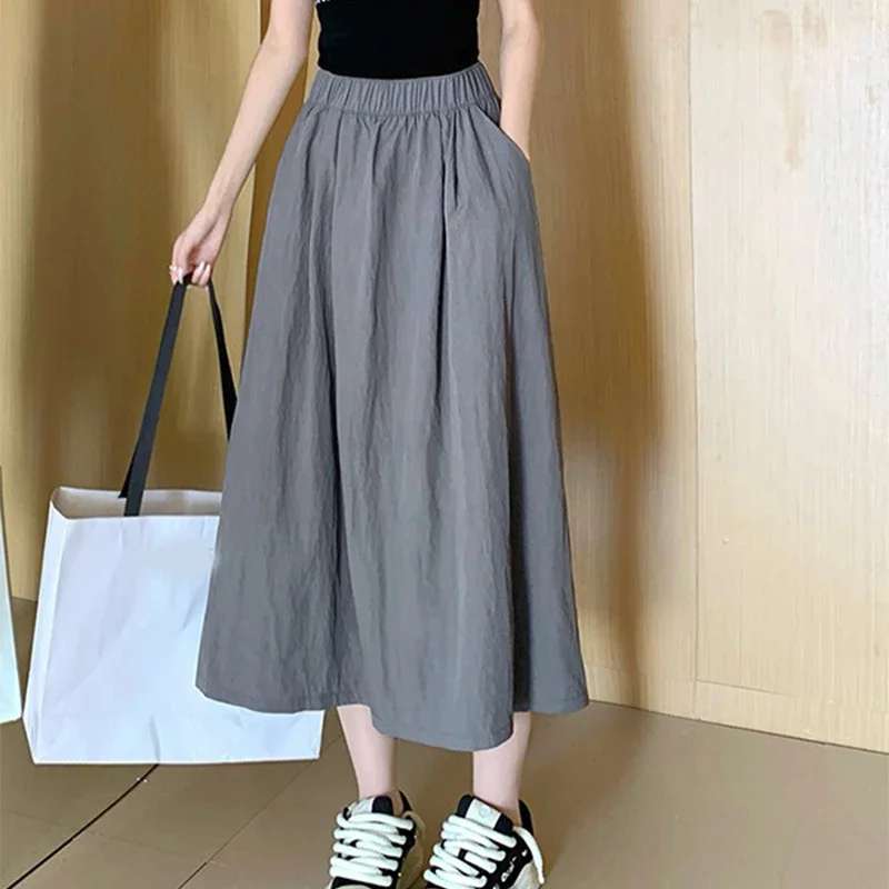 Vintage Folds Women Long Skirts Summer Thin Elastic High Waist Pockets Pleated Skirt 2025 Casual All-Match A-Line Solid Skirts
