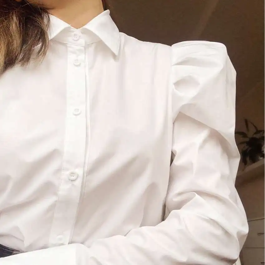 New Early Autumn White irt Women's Design Sense Puff SV Pure Color Long Sve Cotton 00% Flip Collar Bubble Sve irt