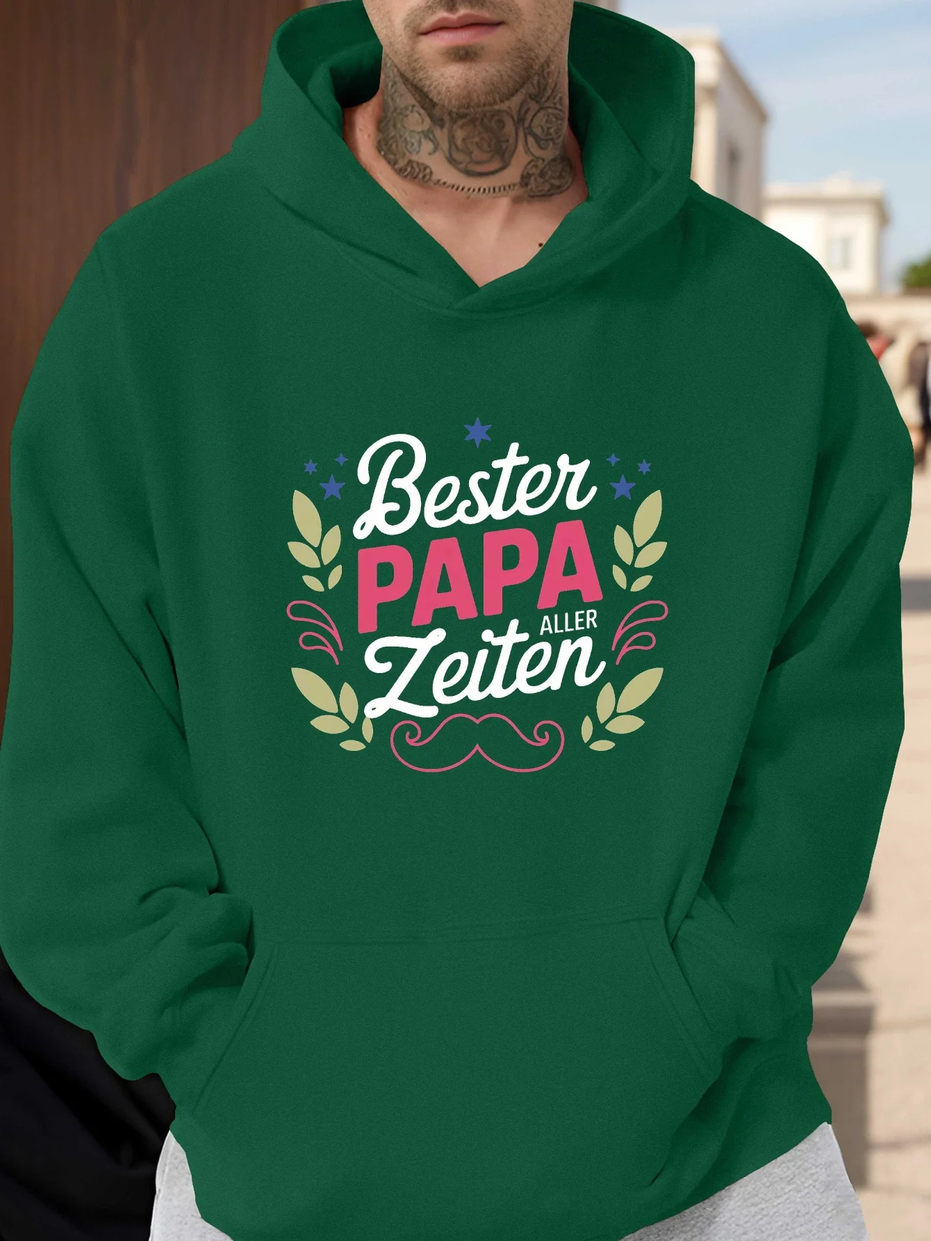 

Plus Size Men's Hoodie - "best Dad of All Time" Graphic with Mustache & Stars, Black Casual Pullover with Drawstring Hood