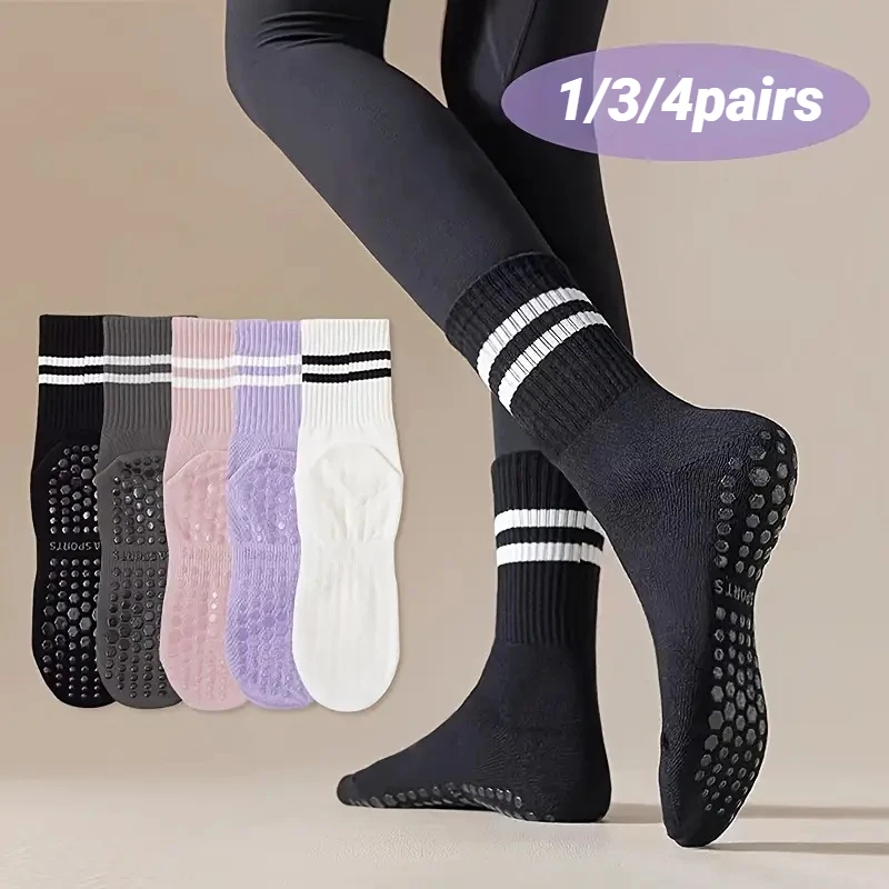 

4 Pairs of Mid Tube Double Bar Striped Yoga Socks Anti Slip Dance Sports Breathable Socks Fitness Pilates Cotton Socks