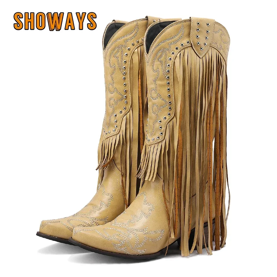 Fringe Rivet Western Women Mid-calf Boots Red Yellow Embroidery Sewing High Square Heels Winter Party Slip-on Cowgirl Half Boot