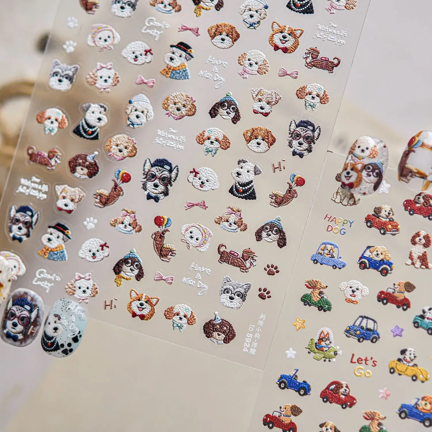 Retro Embroidered Pet Nail Stickers 5D Cartoon Puppy Portraits Multiple Dog Breeds Bow Hat Eyeglasses Balloon Paw Mark Decals