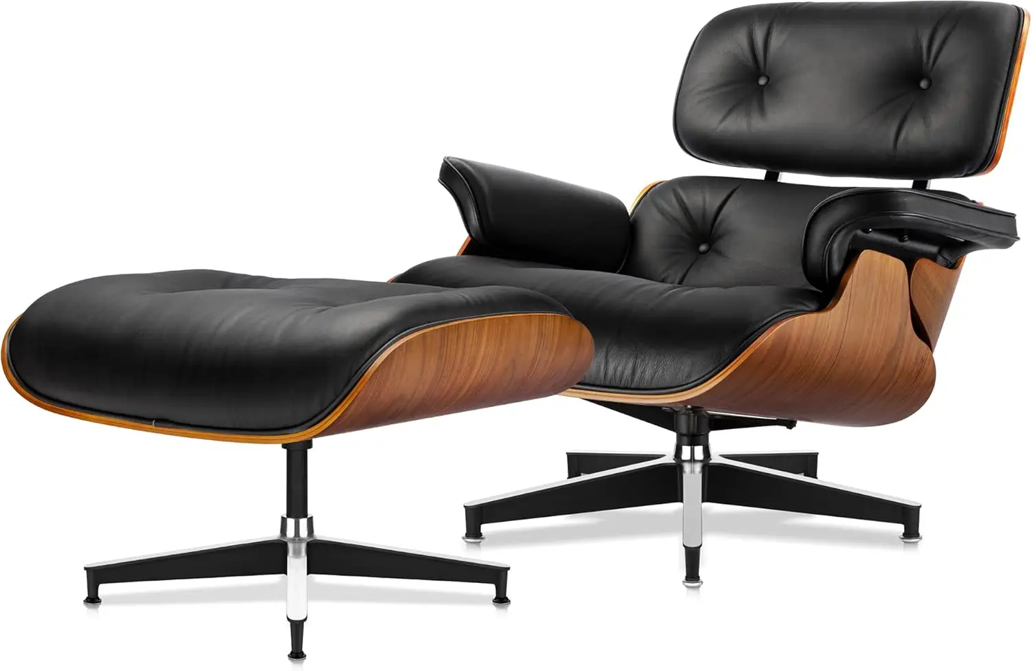 Top Black Grain Leather, Mid Century Chaise Lounge Chair and Ottoman,Modern Chair Classic Design, Walnut Wood,Living Room Office