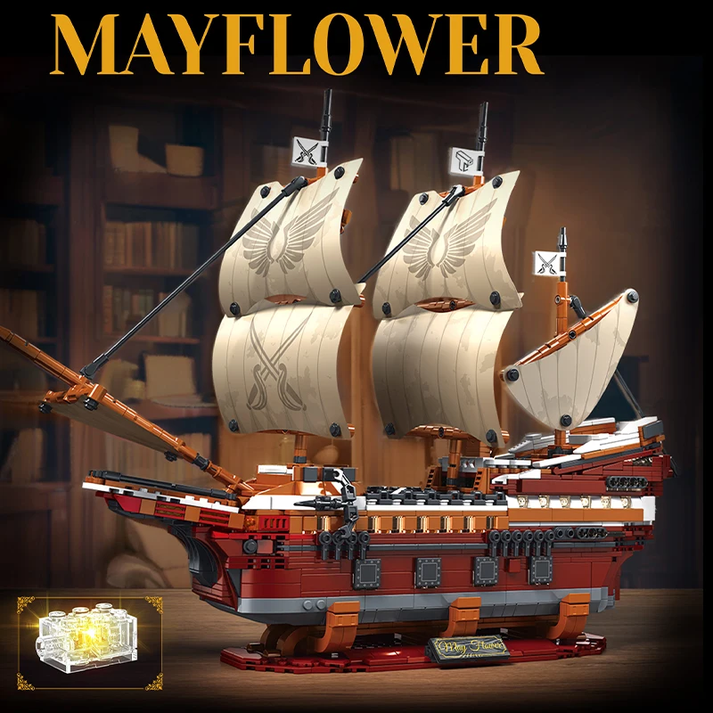 2284 stücke Mayflower Piraten Schiff Bausteine mit LED Kreative Segeln Serie Piraten Boot Modell Ziegel Spielzeug Kinder Erwachsene Geschenke