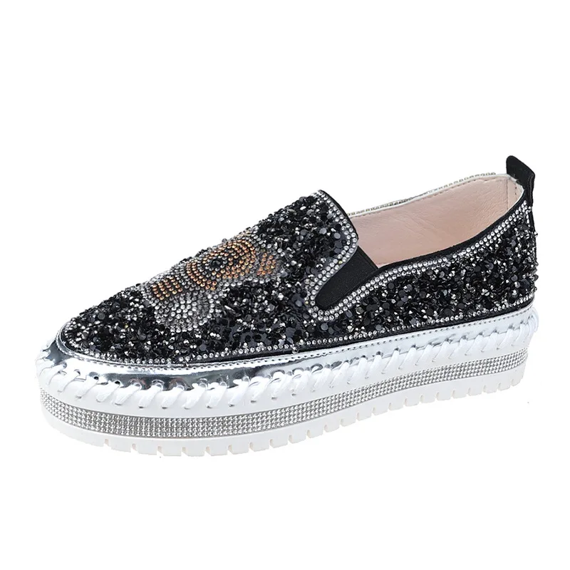 Crystal Korean Shoes Clogs Platform Round Toe Large Size Women Casual Female Sneakers Flats Rhinestone 2024 Creepers Glitter Big