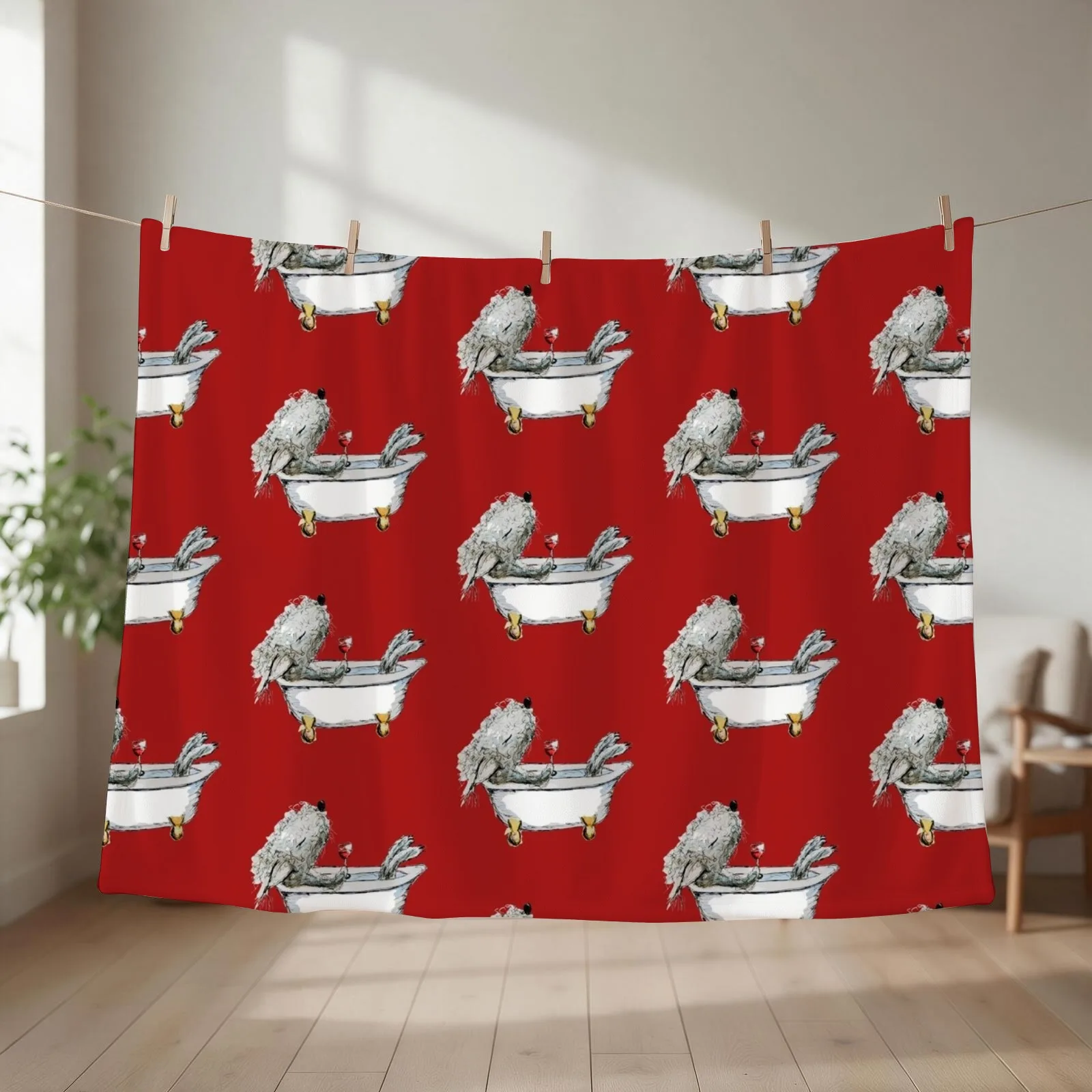 Bedlington Terrier Dog in a Bathtub, Red Background Throw Blanket Thins Multi-Purpose Thin Moving Blankets
