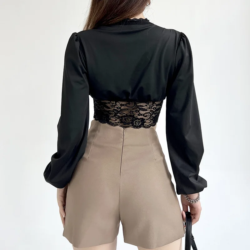 2022 Summer New Long Sleeve Lady Shirt Black Satin Sexy Lace Blouse for Elegant Women Tops