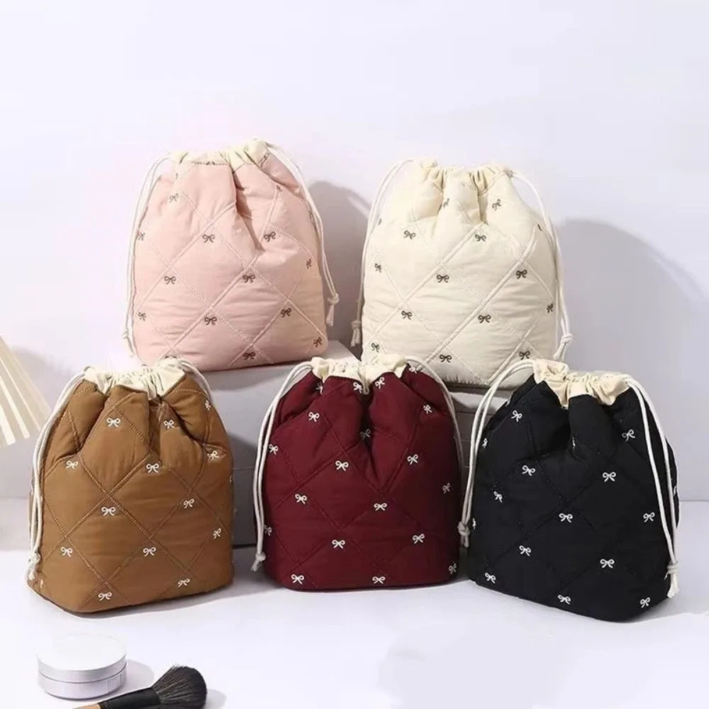Bowknot Printed Drawstring Makeup Bag Large Capacity Soft Fabric Cosmetic Storage Bag Lightweight Portable Sundries Organizer